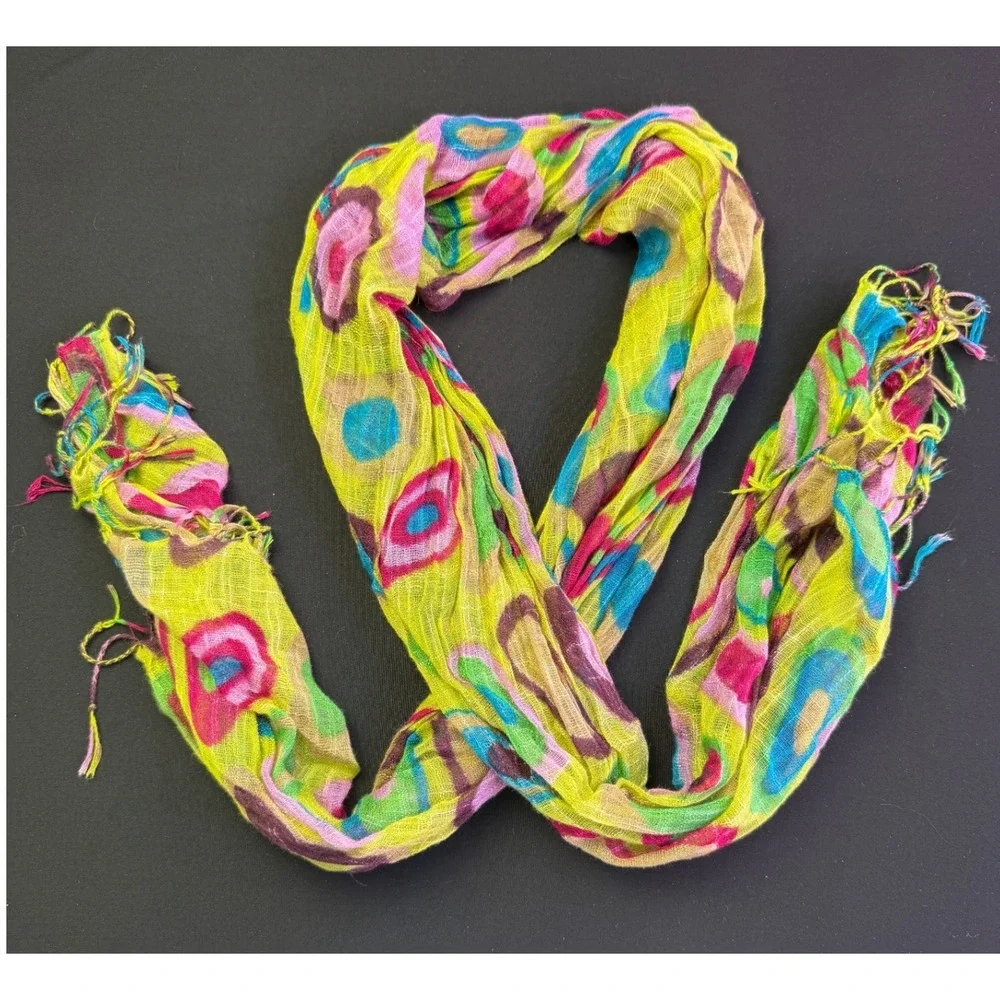 Abstract Circle Print Scarf Green Pink Gauze Fringe Boho Artsy Wrap Eclectic